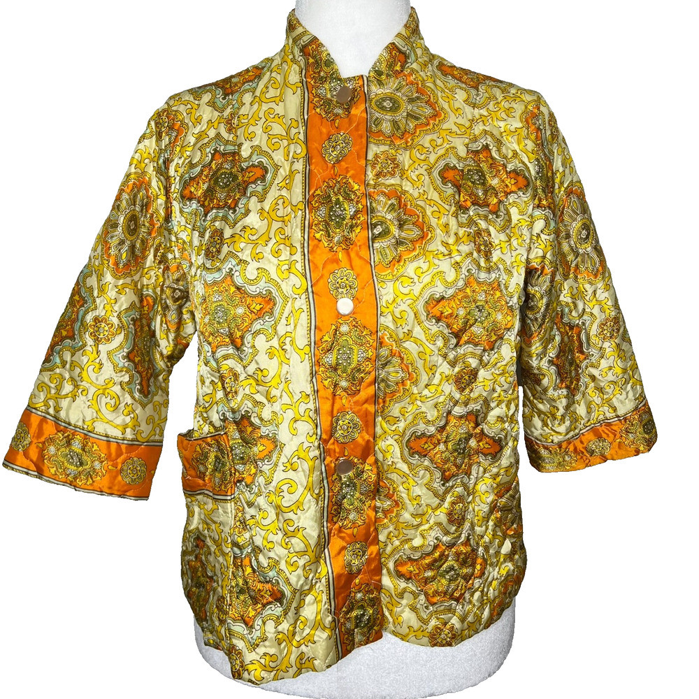 Leisure Life Women's Quilted Bed Jacket Large Vintage Gold Satin Asian 60's Good